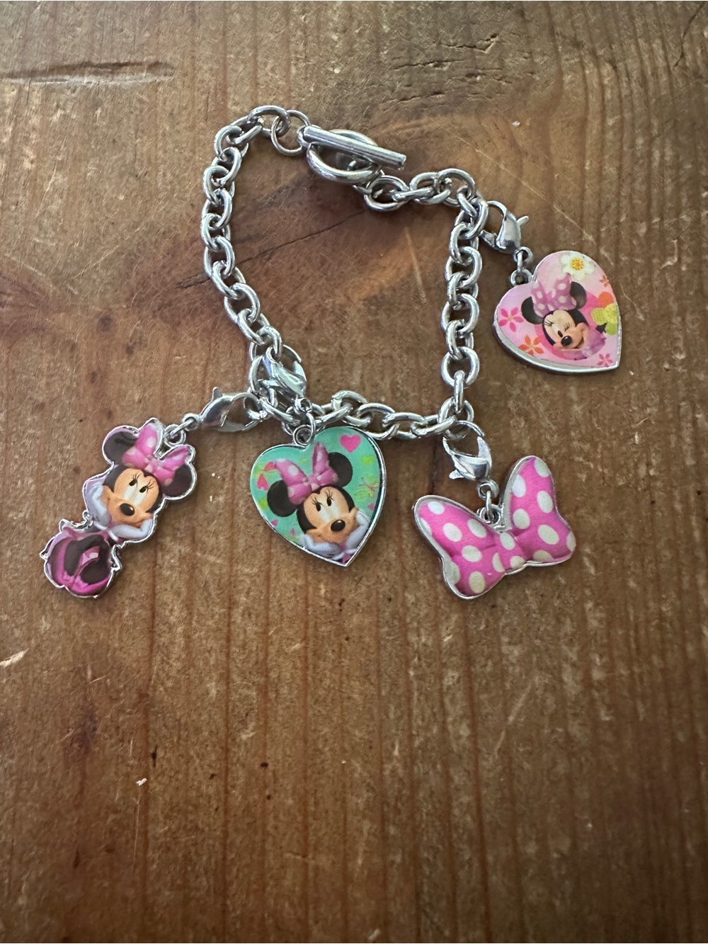 Vintage Disney Pink Minnie Mouse Charm Bracelet with Heart Charms